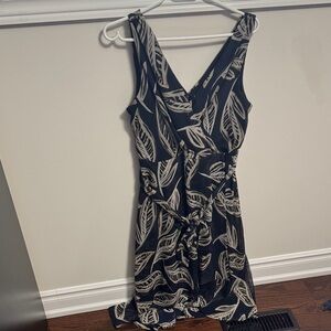 DKNY Navy Midi Dress with Cream Leaf Print